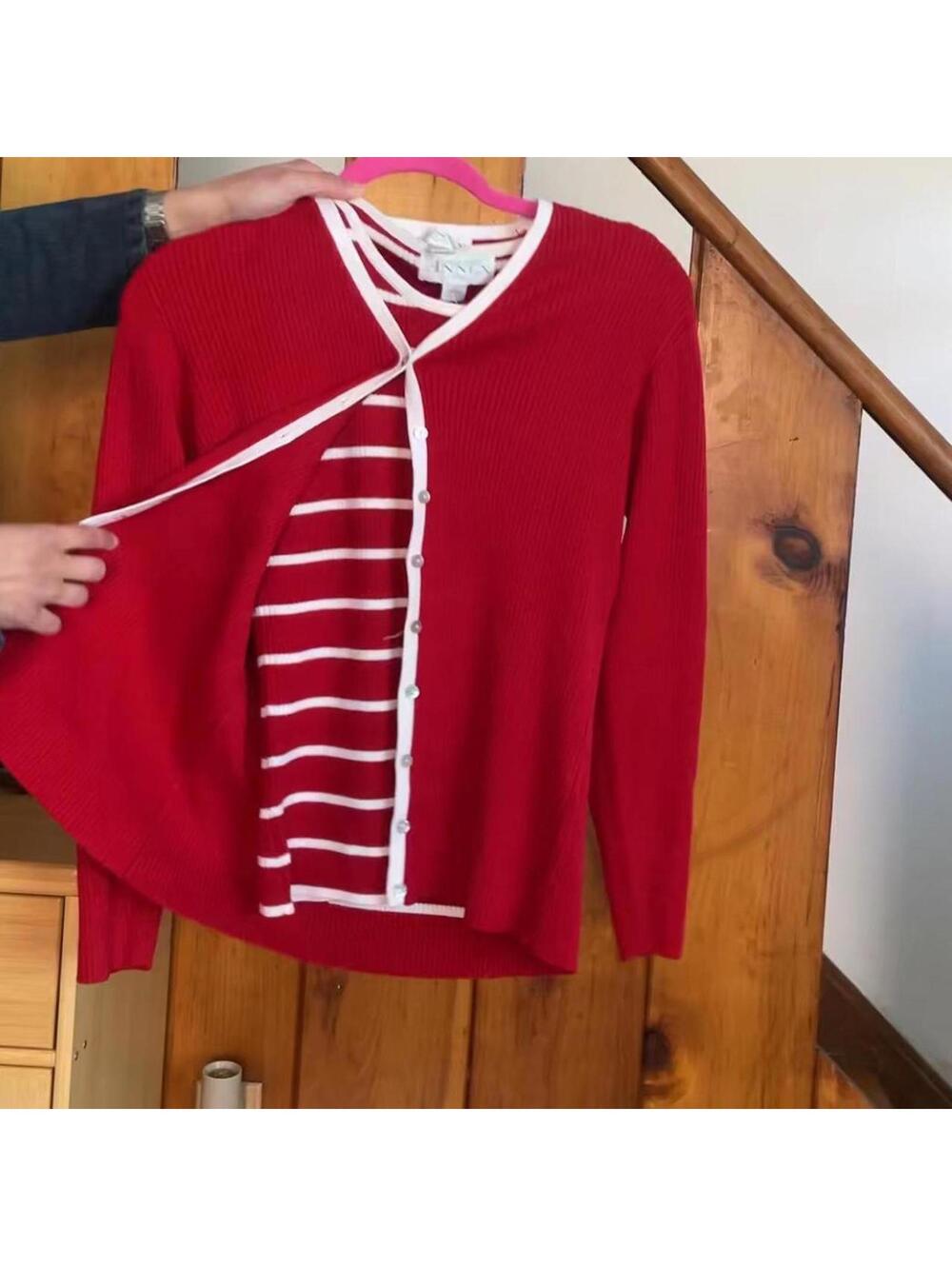 Red and white striped button-up tank top cardigan sweater set Size S